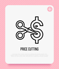 Cut price thin line icon: scissors cutting dollar sign. Special offer. Modern vector illustration.