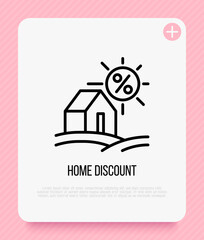 Home discount thin line icon. Real estate sale. Price fall. Modern vector illustration.