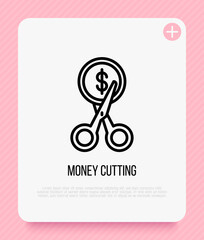 Cut price thin line icon: scissors cutting dollar coin. Special offer. Modern vector illustration.