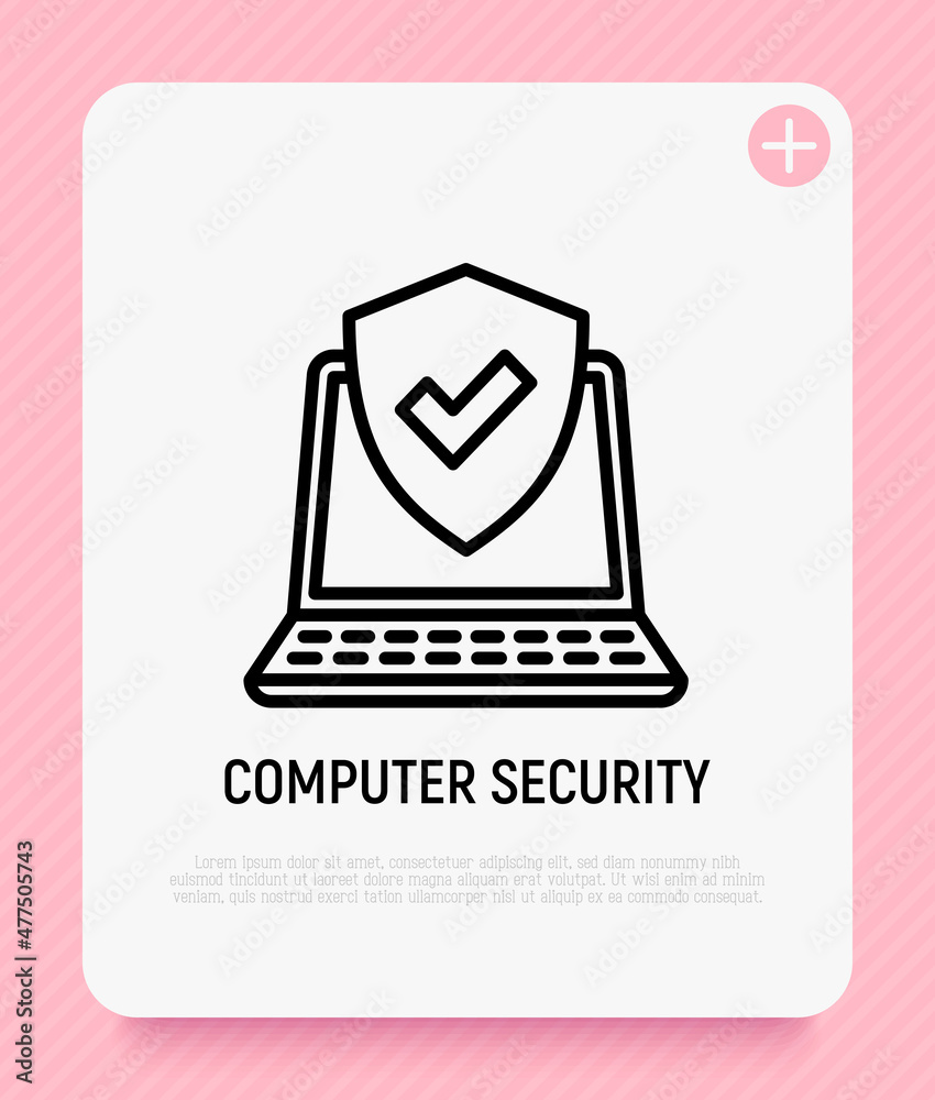 Sticker computer security thin line icon: shield with tick on laptop screen. modern vector illustration.