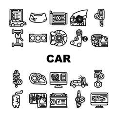 Car Service Technical Maintenance Icons Set Vector. Car Service Worker With Equipment For Repair And Computer Diagnostic Digital Analyzing, Changing Oil In Gearbox Engine Black Contour Illustrations