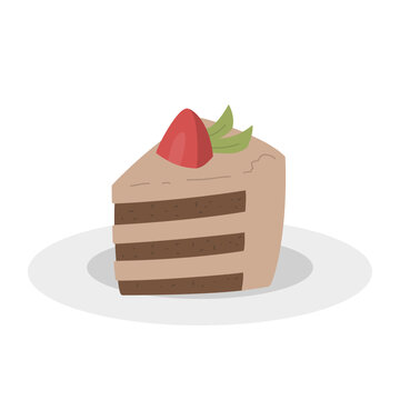 Pastel de chocolate y crema, con decoraci&oacute;n de frutilla, en un plato. Dibujo simple con colores planos