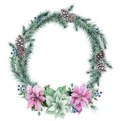 Watercolor Christmas wreath, Pastel poinsettia and pine branch frame, Winter decor illustration isolated on white, Christmas Greenery, Floral evergreen, New Year decor, For greetings, invitation cards