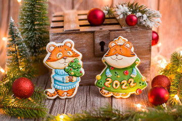 Beautiful postcard with toy sweet tiger.  DIY. Gingerbread homemade tiger. Tiger 2022. Banner with tiger.