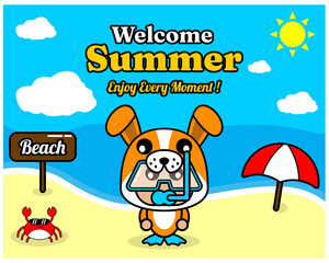 Fototapeta premium summer beach and sand background design with text enjoy every moment and summer element board that says beach, crab and umbrella, with dog animal mascot costume wearing senorkel
