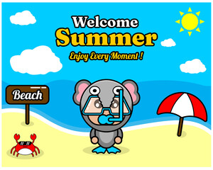 Obraz premium summer beach and sand background design with text enjoy every moment and summer element board that says beach, crab and umbrella, with elephant animal mascot costume wearing a senorkel
