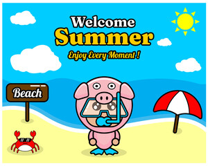 summer beach and sand background design with text enjoy every moment and summer element board that says beach, crab and umbrella, with pig animal mascot costume wearing a senorkel