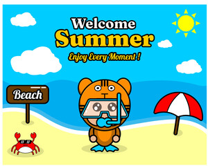 summer beach and sand background design with text enjoy every moment and summer element board says beach, crab and umbrella, with tiger animal mascot costume wearing senorkel