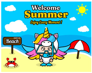 summer beach and sand background design with text enjoy every moment and summer element board that says beach, crab and umbrella, with unicorn animal mascot costume wearing a senorkel