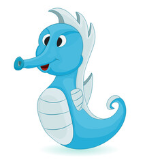 cartoon sea horse in blue color isolated white background