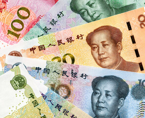 Banknotes of Chinese money with portrait of Mao Zedong