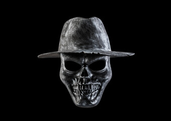 Human skull with old hat isolated on black background with clipping path