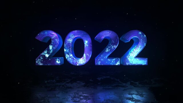 2022 Happy New Year date frosted ice snow glass rotation logo Cristmas Holiday background 3D render.