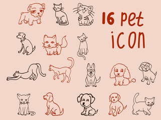 Set of cute line art pet icons – cat, dog characters isolated on bright  background. Vector flat illustration. For shelter emblems, veterinary logo, children decor.