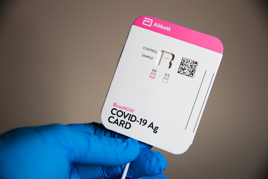 Los Angeles, CA - December 27 2021: Antigen self-test kit for COVID-19 infection detection. The at-home rapid test can be done in your home with results for Coronavirus in 15 minutes. Negative result.