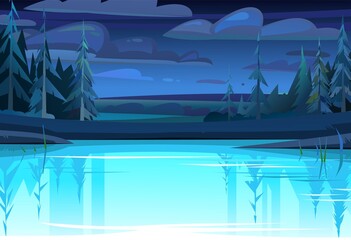 Night rural landscape. Water glows. Old pond or river bank. View of farm garden fields and hills. Flat style cartoon design. Beautiful dark suburban scene. Vector