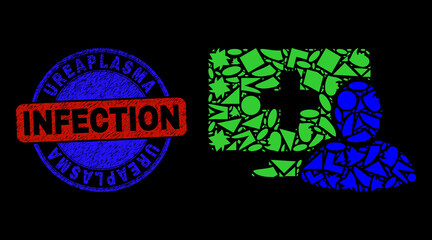 Vector mosaic computer patient icon, and bicolor Ureaplasma Infection dirty stamp seal. Abstract collage of computer patient organized of sphere, triangle, square geometric items.