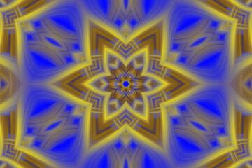 Mandala, geometric 3d abstract blue and yellow symmetrical pattern