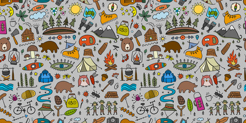 World Tourism Day. Forest and Mountain Tourist Seamless pattern. Camping Background for your design.