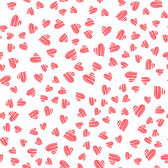 Seamless pattern with hand-drawn pink doodle hearts on white background