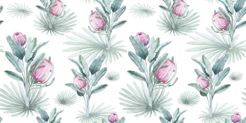 Foto op Plexiglas watercolor seamless pattern. floral background tropical blooming flowers and leaves. Plants and flowers of Australia. for fabric, textile, roll wallpaper, design, cards, invitations, stickers, wedding © Elena
