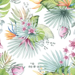Badezimmer Foto Rückwand watercolor seamless pattern. floral background tropical blooming flowers and leaves. Plants and flowers of Australia. for fabric, textile, roll wallpaper, design, cards, invitations, stickers, wedding © Elena