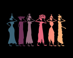 African women with jugs and food, wearing ethnic dresses. Art silhouette for your design