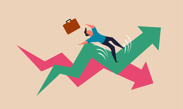 Volatile stock market and uncertainty invest change down. Financial arrow price rise investor money vector illustration. Business crisis or debt economic after coronavirus. Panic and stress bankruptcy