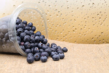 Large selected fresh juicy blueberries in a tray on burlap