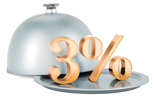 Restaurant cloche with golden 3 percent, sale and discount concept, 3D rendering