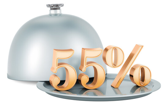Restaurant cloche with golden 55 percent, sale and discount concept, 3D rendering