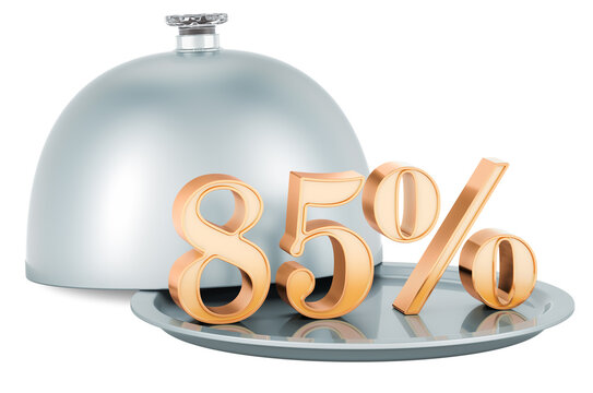 Restaurant cloche with golden 85 percent, sale and discount concept, 3D rendering