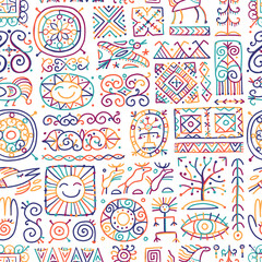 Ethnic handmade ornament, Folk Nordic Symbols. Seamless pattern for your design