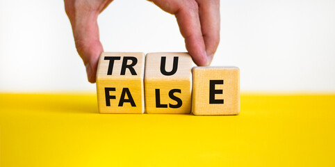 False or true symbol. Businessman turns wooden cubes and changes the word false to true or vice...