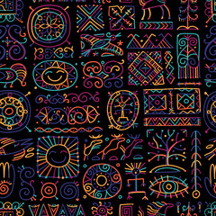 Ethnic handmade ornament, Folk Nordic Symbols. Seamless pattern for your design