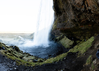Fototapeta na wymiar Behind a Waterfall Panorama Seljalandsfoss, Iceland