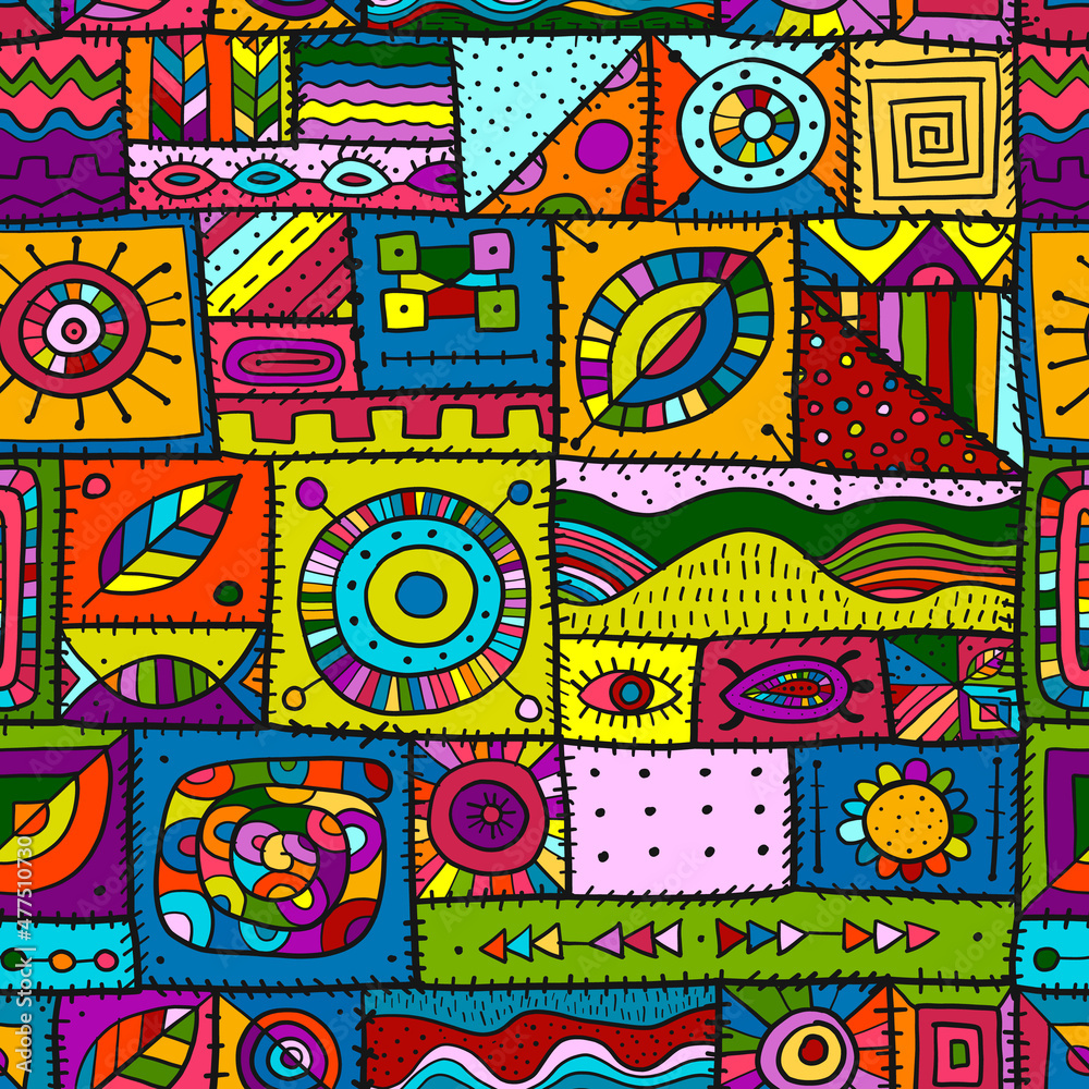 Aufkleber sewn pieces of fabric in a patchwork style. ethnic ornament for your design. seamless pattern