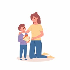 Mom hugging and giving gift to her son to birthday or holiday event. Mother giving a present box to son. Concept of family, care and love