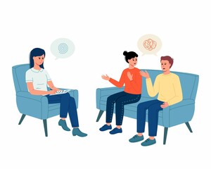 Psychologist and professional support concept. Young unhappy  couple: woman and man sitting, talking and listening to woman psychologist recommendations during visit. vector illustration