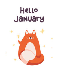 Card hello january with a cat, isolated on white background © Anastasiia