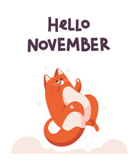 Card hello november with a cat, isolated on white background