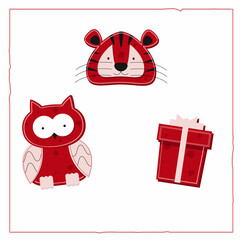 Christmas card with Christmas toys Christmas gift, owl, tiger. Red and white flat vector illustration isolated on white background.