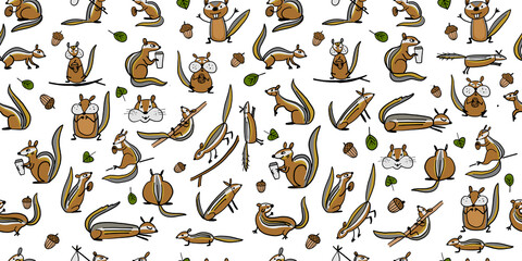 Funny Chimpank family with nuts. Ground Squirrel. Seamless Pattern for your design