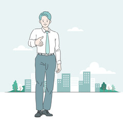 Front view of a businessman about to shake hands. Building background. Line style business vector, illustration