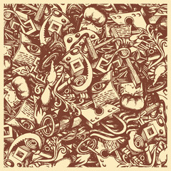 Graphic fantasy with randomly arranged objects. Monochrome image. Vector illustration