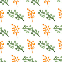 Seamless pattern with hand-drawn watercolor orange and green branches with berries on white. Organic, natural, freshness concept for textile, print, etc.