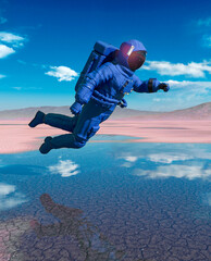 astronaut is floating over with reflection on water in the desert of another planet after rain side view