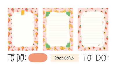 Weekly or daily planner, to do list, 2023 goals note paper templates with cute ice-cream cones, bananas and peaches.