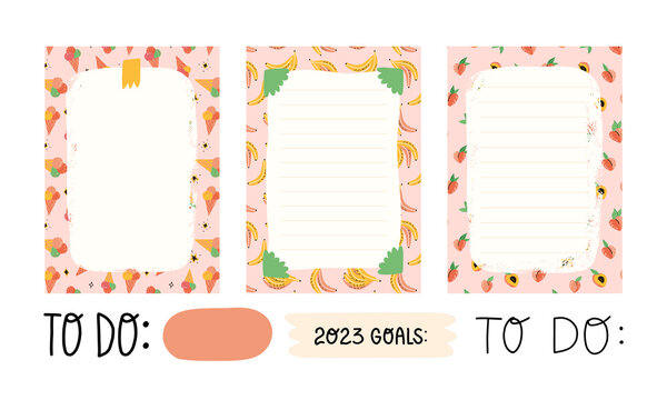 Weekly or daily planner, to do list, 2023 goals note paper templates with cute ice-cream cones, bananas and peaches.