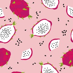 Simple seamless dragon fruit pattern on pink background. Illustration of exotic tropical pithai. Fashionable print for textiles, wallpaper and packaging.